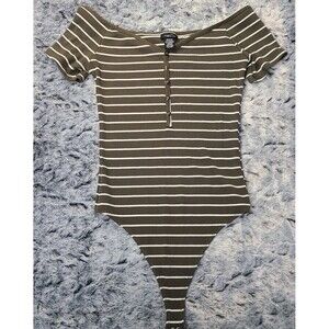 Rue 21 off-the-shoulder short-sleeve bodysuit in an olive green and white stripe